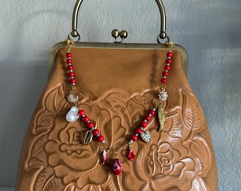 Red Beaded Bag Charm Chain, Coquette Charm Chain, Romantic Purse Chain, Gold Charm Accessory, Vintage Inspired Beaded Chain