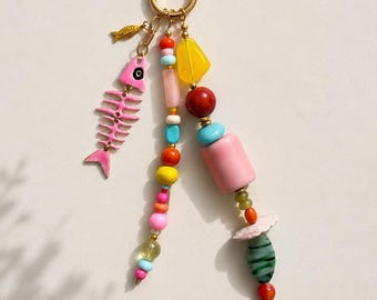 Pink Fish Skeleton Bag Charm, Handmade Beaded Purse Charm, Colorful Coastal Keychain, Beach Handbag Accessory, Gold Key Ring Charm