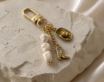 Western Cowgirl Boot & Hat Bag Charm Keychain | Gold Purse Charm | Boho Western Accessories | Cute Cowboy Hat Keychain for Tote Bag