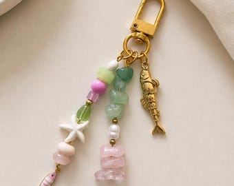 Coastal Beaded Bag Charm, Handmade Purse Charm, Fish & Starfish Keychain, Beach Bag Accessory, Pink Green Beaded Charm