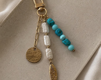 Turquoise & Pearl Charm Keychain with Gold Fish Pendant | Boho Bag Charm | Coastal Keychain Accessory