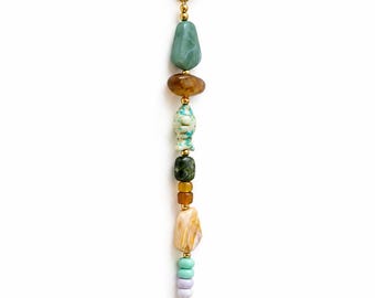 Green Beaded Keychain, Boho Gemstone Bag Charm, Handmade Keyring, Natural Stone Purse Charm, Colorful Keychain Gift