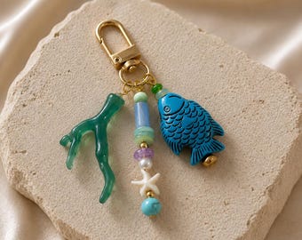 Baroque Pearl Fish Keychain Gold Coastal Bag Charm | Handmade Beaded Ocean Keyring | Beachy Purse Charm Aesthetic Gift