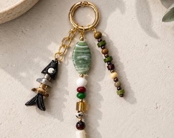 Green Beaded Bag Charm, Handmade Purse Charm, Sardine Bag Charm, Woodland Handbag Accessory, Nature-Inspired Keychain