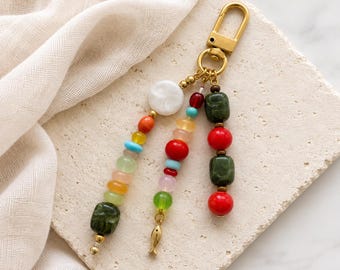Green Beaded Bag Charm, Handmade Purse Charm, Gemstone Keychain, Boho Handbag Accessory, Gold Seashell Charm, Colorful Backpack Charm