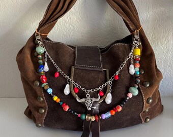 Western Cowgirl Bag Charm Chain, Bull Skull Charm Purse Chain, Boho Beaded Handbag Accessory, Rustic Southwestern Bag Jewelry