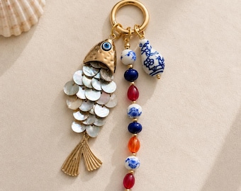 Handmade Boho Bag Charm Keychain, Gold Fish Charm with Glass & Ceramic Beads, Purse Accessory, Gift for Her, Trendy Bag Keychain