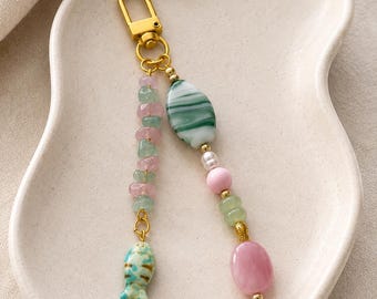 Pastel Fish Bag Charm Keychain | Coastal Beaded Purse Charm | Handmade Ocean-Inspired Bag Accessory | Pink & Green Fish Charm