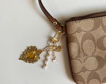 Handmade Gold Heart Keychain with Pearl Beads, Gold Bee Charm,  Romantic Jewelry Inspired Bag Accessory, Unique Gift for Her