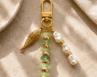 Pearl & Green Stone Fish Keychain – Handmade Gold Bag Charm, Ocean-Inspired Aesthetic Keychain, Minimal Coastal Accessory
