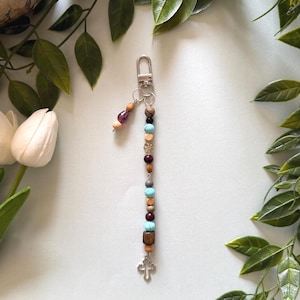 Beaded Cross Keychain | Handmade Religious Keyring with Natural Wood & Gemstone Beads | Christian Gift, Spiritual Bag Charm