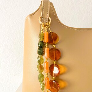 Earth Tone Beaded Bag Charm | Handmade Boho Purse Charm | Amber Green Keychain | Gold Handbag Accessory | Aesthetic Bag Charm | Gift for Her image 10