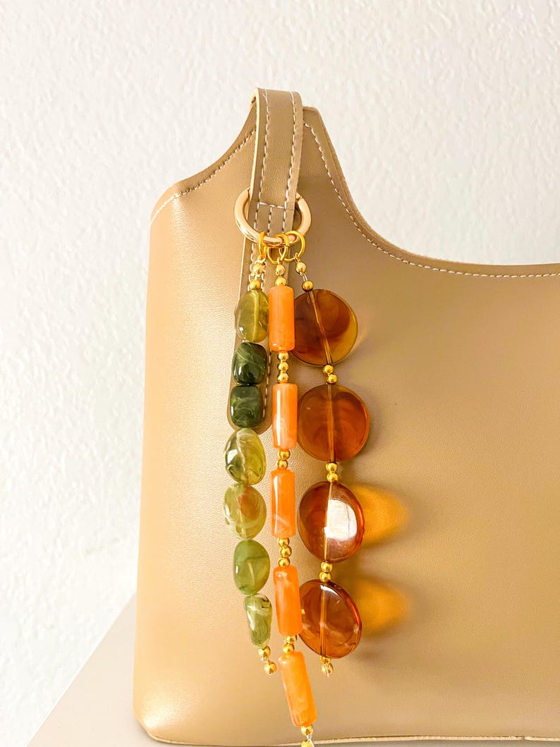 Earth Tone Beaded Bag Charm | Handmade Boho Purse Charm | Amber Green Keychain | Gold Handbag Accessory | Aesthetic Bag Charm | Gift for Her image 10