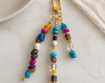 Colorful Beaded Bag Charm, Handmade Purse Charm, Boho Keychain, Gemstone Bag Accessory, Gold Lobster Clasp, Backpack Charm