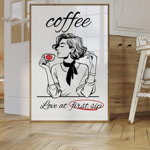 Coffee Love At First Sip Wall Print, Modna sztuka ścienna, Cyfrowe wydruki kawy, Drukowana sztuka ścienna, Galeria domowa, Wydruki kuchenne