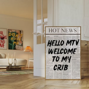 Hello MTV Welcome To My Crib, Trendy Wall Art, Printable Wall Decor, Cute Wall Prints, Digital Prints, Retro Newspaper