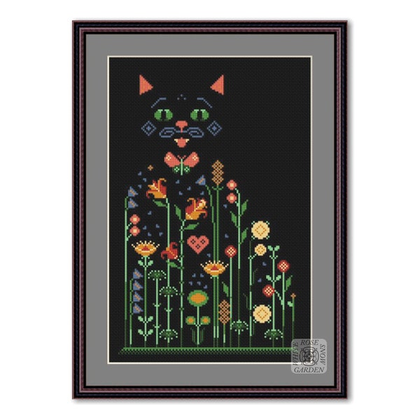 Cross stitch pattern Flower Cat, Summer cat primitive pattern, Black cat sampler pdf