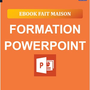 Peut inclure: Fond orange avec du texte blanc qui dit "Ebook Fait Maison Formation PowerPoint" et un logo Microsoft PowerPoint. Le texte "https://denvizion.com" est en bas de l'image.
