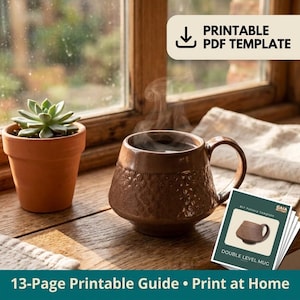 May include: A brown ceramic mug with a textured floral pattern on the lower half and a handle, accompanied by a stack of printed cards labeled DIY Pottery Template Double Level Mug and a succulent in a terracotta pot with a printable PDF template.