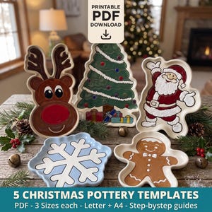 May include: Five ceramic-style holiday plates featuring a brown reindeer, a green Christmas tree with gifts, a red-suited Santa Claus, a light blue snowflake, and a brown gingerbread person, with text reading PRINTABLE PDF DOWNLOAD.