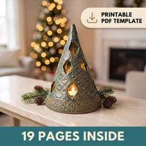 May include: A cone-shaped ceramic candle holder with a blue-green glaze and embossed geometric patterns. The structure features diamond-shaped cutouts and a lit tea light candle inside. The text PRINTABLE PDF TEMPLATE and 19 PAGES INSIDE appear.