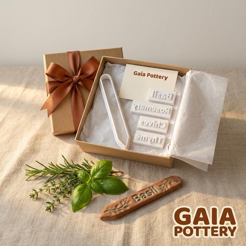 Gift Packaging - Gaia Pottery herb marker starter kit presented as a gift in an open kraft box with tissue paper — includes clay cutter and four herb name stamps for Basil, Rosemary, Chives and Thyme with finished ceramic markers shown beside the box