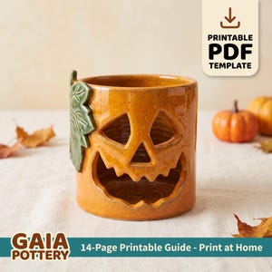 Jack-O-Lantern Tea Light Holder Pottery Template, Halloween Slab Building Pattern, 14-Page PDF Tutorial