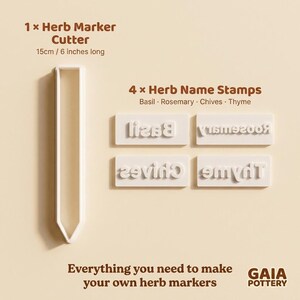 What's included in the Gaia Pottery starter herb marker kit — one clay cutter 15cm and four herb name stamps for Basil, Rosemary, Chives and Thyme