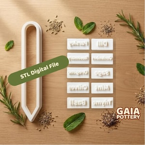 Könnte beinhalten: Ein weißer Kräutermarker und mehrere weiße rechteckige Kräuteretikettenstempel mit Text. Der Text enthält "Petersilie", "Dill", "Rosmarin", "Koriander", "Oregano", "Salbei", "Schnittlauch", "Minze", "Basilikum" und "Thymian". Das Bild enthält auch frische Kräuter und Samen.