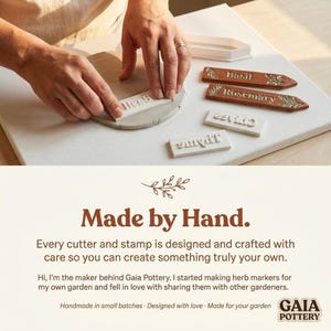Gaia Pottery brand story — handmade herb marker cutter and stamp sets made with love by a real maker for gardeners who want to create something truly their own