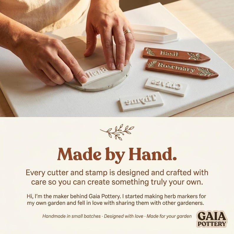 Gaia Pottery brand story — handmade herb marker cutter and stamp sets made with love by a real maker for gardeners who want to create something truly their own