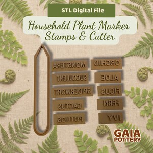 May include: A collection of brown plant marker stamps and a cutter. The stamps are labeled with plant names like "Orchid" and "Succulent". The text "Household Plant Marker Stamps & Cutter" is displayed above the stamps.