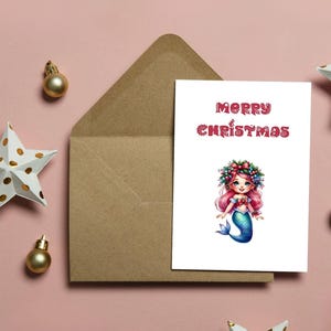 Cartões de Natal da sereia - Cartão de Natal Pastel fofo - Cartão de Natal exclusivo - Natal para crianças - Cartão para crianças