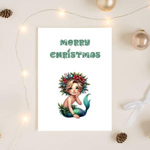 Cartões de Natal da sereia - Cartão de Natal Pastel fofo - Cartão de Natal exclusivo - Natal para crianças - Cartão para crianças