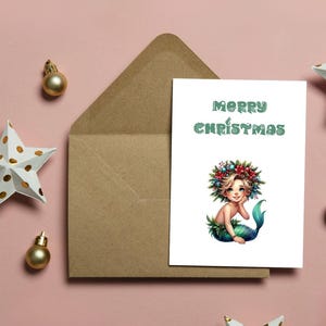 Cartões de Natal da sereia - Cartão de Natal Pastel fofo - Cartão de Natal exclusivo - Natal para crianças - Cartão para crianças