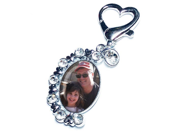 Crystal Custom Photo Spinning Bouquet Charm, Wedding Memorial Pin, Personalized Memory Brooch, Picture Bouquet Charm, Bridal Charm Gift