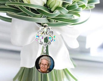 Crystal Flower Wedding Bouquet Photo Charm, Custom Picture Memory Charm, Personalized Memorial Bridal Charm, Bridal Bouquet Pin Brooch