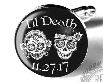Sugar Skull Custom Wedding Cufflinks, Personalized Fiance Gift, Gift for Him, Day of the Dead Cufflinks, Mens Accessories, Groom Gift