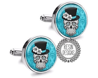 Skull Cufflinks, Groomsmen Gifts, Fiance Wedding Gift,  Sugar Skull Cufflinks, Day of the Dead, Personalized Mens Accessories, Grooms Gift