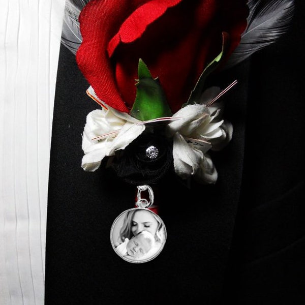 Custom Photo Boutonniere Wedding Pin, Mens Lapel Pin, Personalized Memorial Picture Brooch, Grooms Gift, Tuxedo Accessory, Wedding Accessory