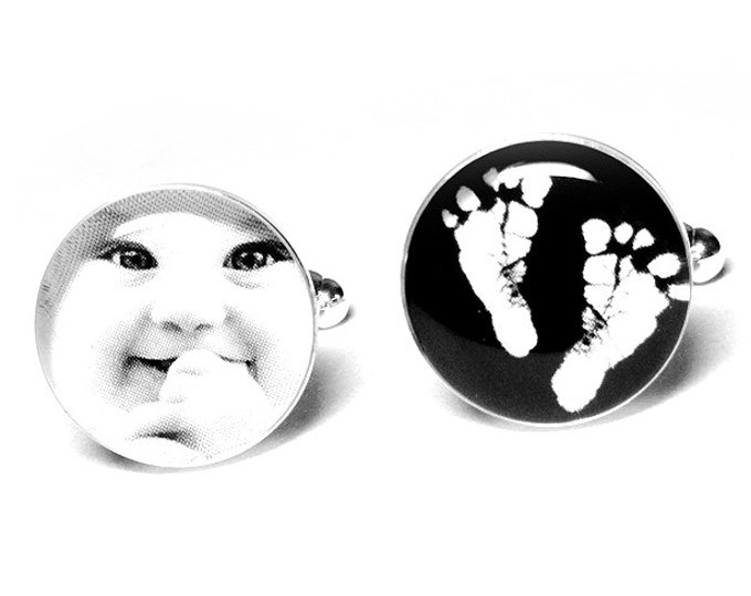 Fathers Day Gift for Dad, Handprint Footprint Custom Photo Cufflinks, Personalized Baby Picture Cufflinks, Birthday Gift, Anniversary Gift