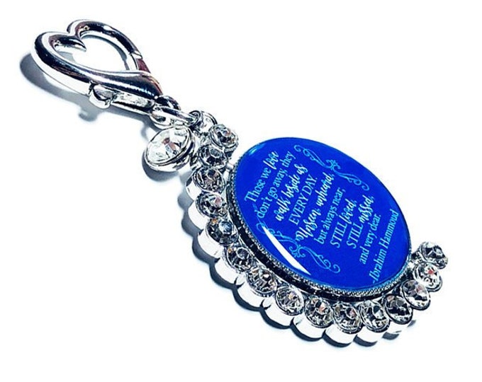 Wedding Bouquet Photo Charm, Something Blue Crystal, Personalized Brides Bouquet Memorial Charm, Custom Bridal Brooch, Spinning Memory Charm