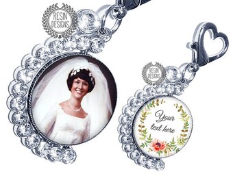 Crystal Wedding Bouquet Custom Photo Charm, Personalized Picture Charm, Something Blue Gift for the Bride, Wedding Bouquet, Bridal Brooch