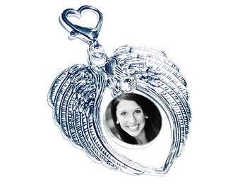 Wedding Bouquet Charm, Gift for the Bride, Personalized Photo Memorial Crystal Charm, Custom Crystal Memory Brooch, Angel Wings Memory Charm