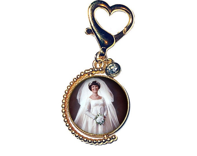 Gold Spinning Crystal Wedding Bouquet Picture Charm, Photo Memory Charm, Bridal Bouquet Brooch, Personalized Memory Charm, Memorial Brooch