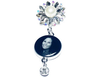 Wedding Bouquet Photo Charm, Pearl Crystal Picture Pin, Personalized Memorial Brooch, Custom Bridal Pin, Brides Gift, Memorial Gift