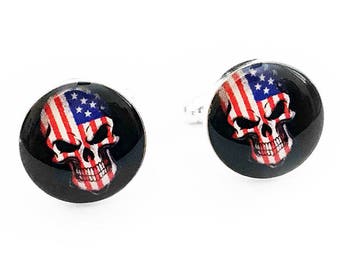 American Flag Skull Cufflinks, Day of the Dead, USA Skull, Wedding Cufflinks, Fiance Gift, Mens Accessories, Handmade Cufflinks, Patriotic