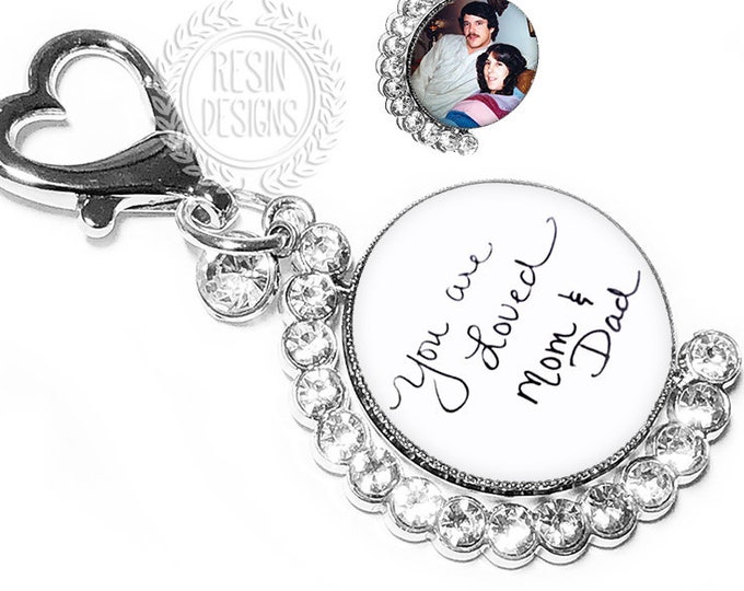 Custom Handwriting Crystal Bouquet Photo Memorial Charm, Personalized Brooch, Spinning Picture Memory Charm, Bridal Pin, Gift for the Bride