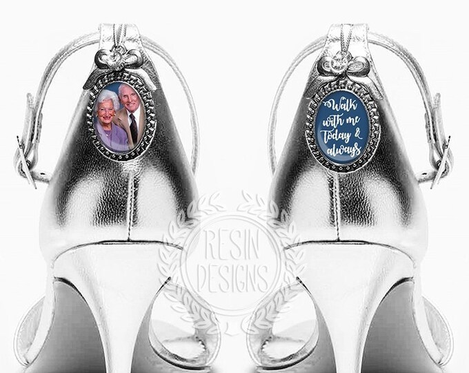 Something Blue Wedding Shoe Photo Charms, Memorial Picture Charms, Personalized Bridal Shoe Charms, Custom Brooch, Wedding Gift for Bride