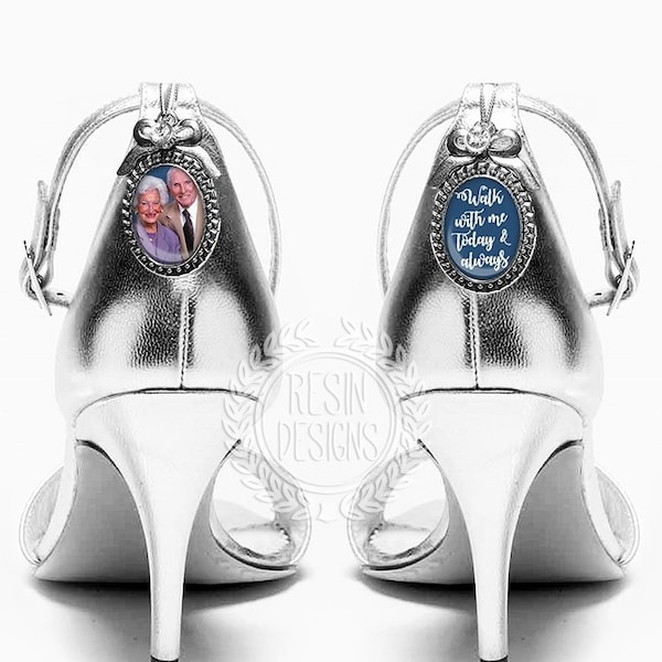 Something Blue Wedding Shoe Photo Charms, Memorial Picture Charms, Personalized Bridal Shoe Charms, Custom Brooch, Wedding Gift for Bride